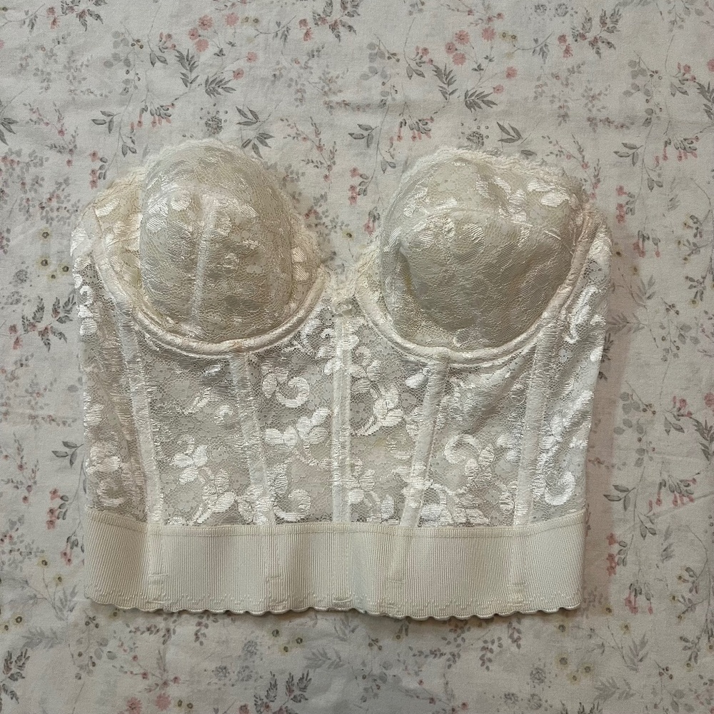 Vintage 80s Bustier Lace Rosette Cream Corset Made in US Small JcPenney Coquette